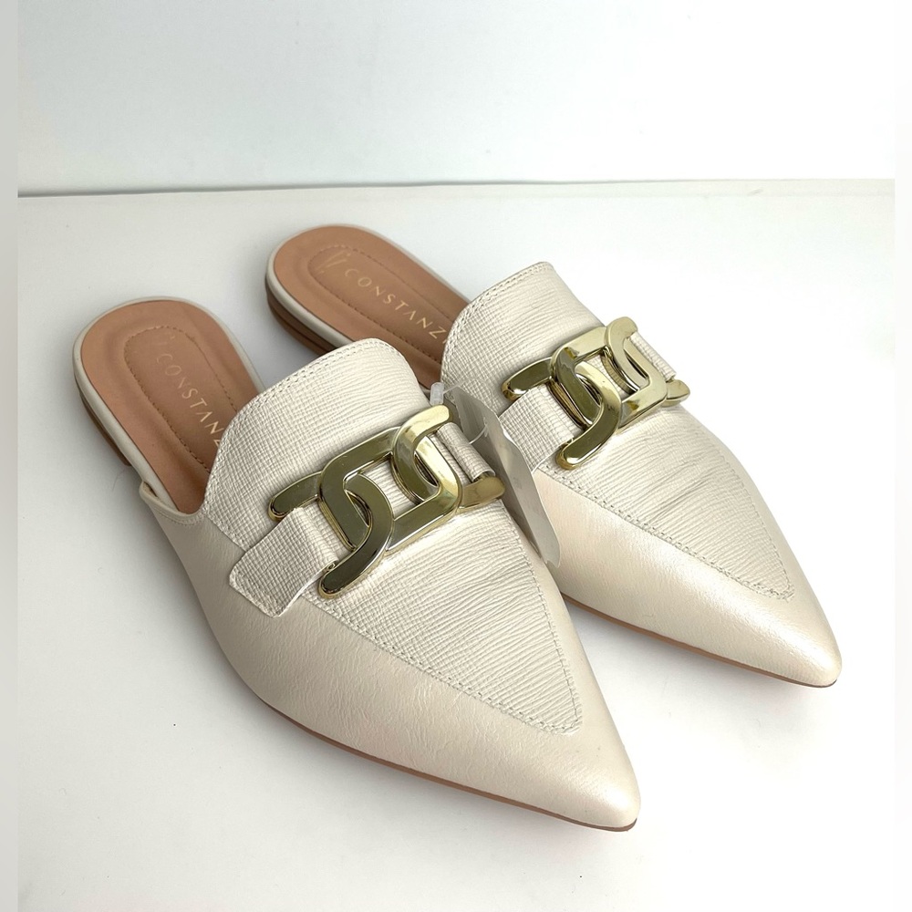 Constanzia Trendy Women Gold Metal Hardware Slip On Mules Brazil Made Sz 8 cream